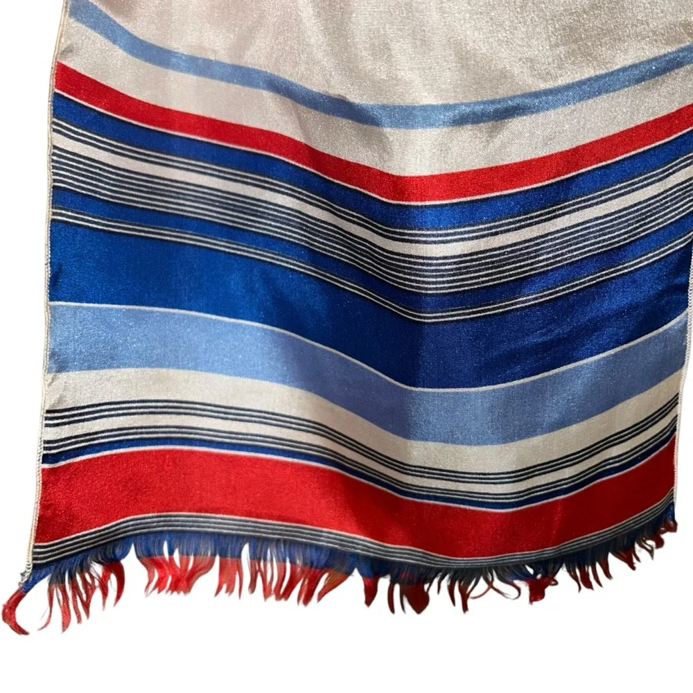 Vintage silk fringe Striped Red white and Blue Scarf